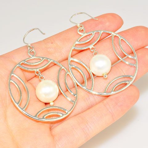 Sterling Silver White Pearl Circle Earrings