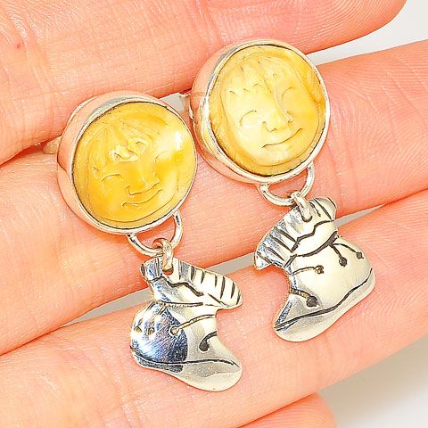 Sterling Silver Carved Fossilized Walrus Ivory Smiling Face Earrings