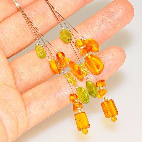 Sterling Silver Baltic Honey Amber and Peridot Dangle Earrings