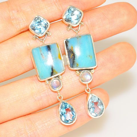 Sterling Silver Peruvian Opal, Blue Topaz and Moonstone Earrings