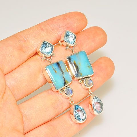 Sterling Silver Peruvian Opal, Blue Topaz and Moonstone Earrings