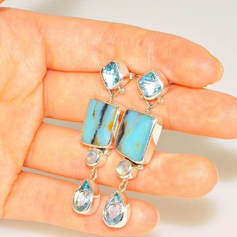 Sterling Silver Peruvian Opal, Blue Topaz and Moonstone Earrings