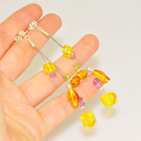 Sterling Silver Baltic Honey Amber, Peridot and Amethyst Earrings