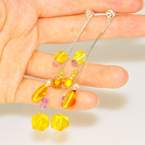 Sterling Silver Baltic Honey Amber, Peridot and Amethyst Earrings