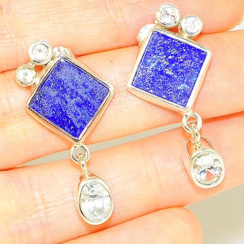 Sterling Silver Lapis Lazuli and White Topaz Earrings