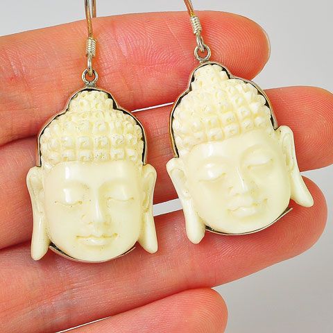 Sterling Silver Carved Bone Buddha Face Earrings
