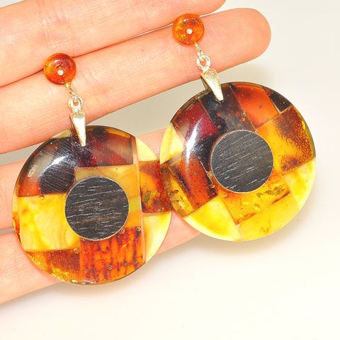 Sterling Silver Baltic Multi Amber and Ebony Wood Earrings