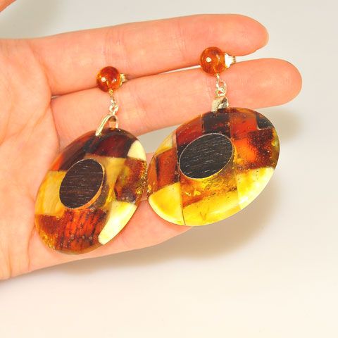 Sterling Silver Baltic Multi Amber and Ebony Wood Earrings
