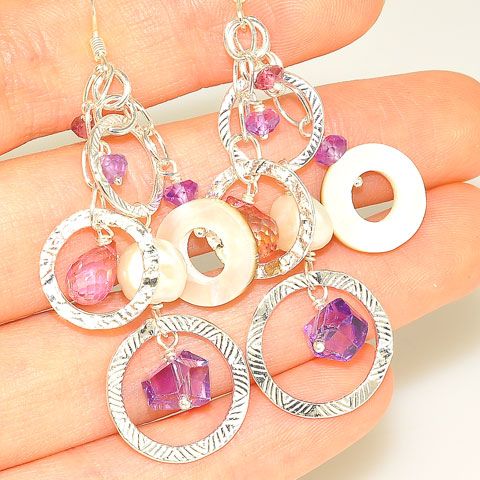 Sterling Silver Pearl, Amethyst, Tourmaline and Shell Earrings