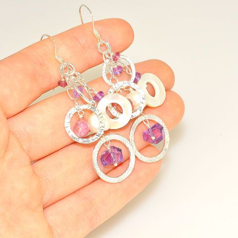 Sterling Silver Pearl, Amethyst, Tourmaline and Shell Earrings