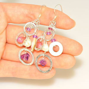 Sterling Silver Pearl, Amethyst, Tourmaline and Shell Earrings