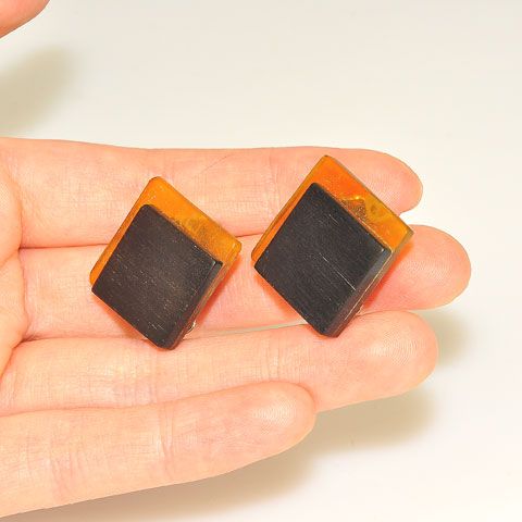 Sterling Silver Buffalo Horn and Ebony Wood Square Clip-On Earrings