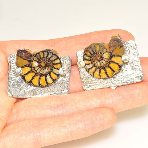 Sterling Silver Fossil Ammonite Clip On Earrings
