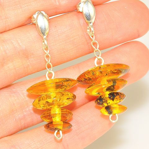 Sterling Silver Baltic Honey Amber with Inclusions Stacked Disc Earrings