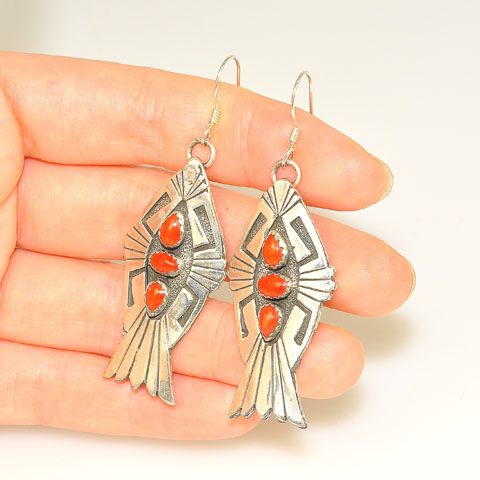 Sterling Silver Red Coral Navajo-Made Earrings by Charles Johnson