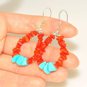 Native American Sterling Silver Turquoise and Red Coral Navajo-Made Earrings Loop by Betty Bitsie
