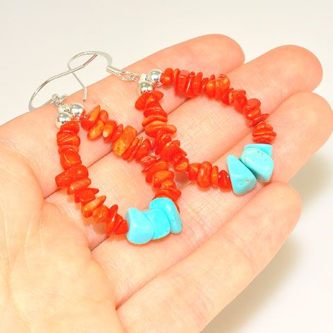 Native American Sterling Silver Turquoise and Red Coral Navajo-Made Earrings Loop by Betty Bitsie