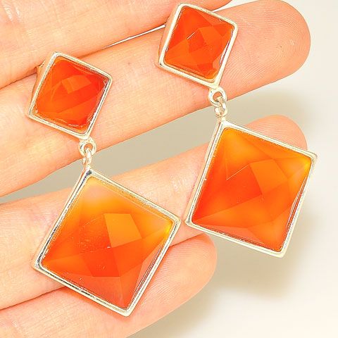 Sterling Silver Faceted Carnelian Squares Stud Earrings