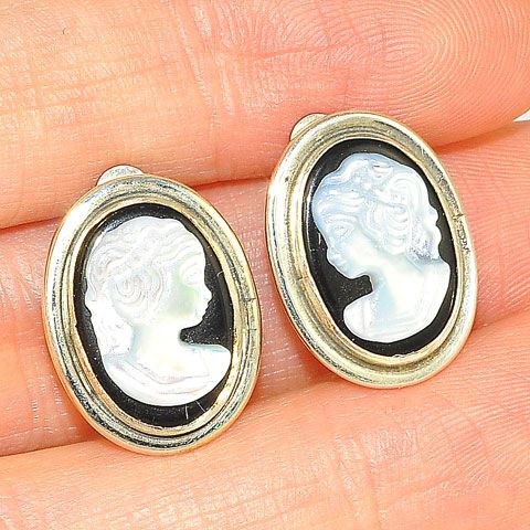 Sterling Silver Black Onyx and Shell Cameo Clip-On Earrings