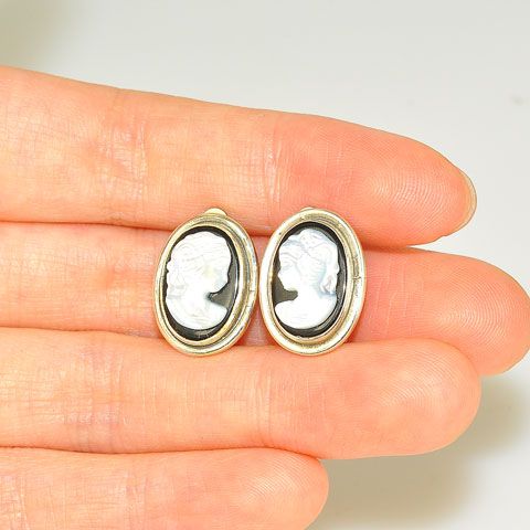 Sterling Silver Black Onyx and Shell Cameo Clip-On Earrings