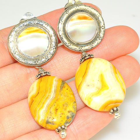Sterling Silver Crazy Lace Agate and Shell Clip-On Earrings