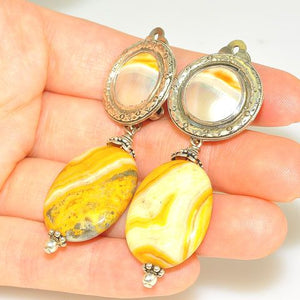 Sterling Silver Crazy Lace Agate and Shell Clip-On Earrings