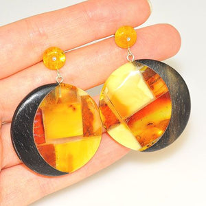 Sterling Silver Baltic Amber and Ebony Wood Disk Earrings