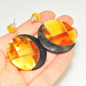 Sterling Silver Baltic Amber and Ebony Wood Disk Earrings