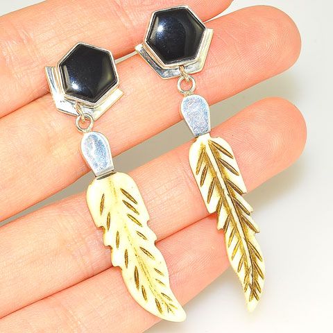 Sterling Silver Black Onyx and Carved Bone Feather Dangle Earrings