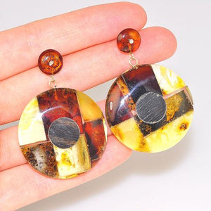 Sterling Silver, Baltic Amber, and Ebony Wood Mosaic Stud Earrings