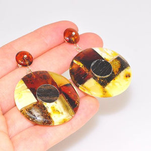 Sterling Silver, Baltic Amber, and Ebony Wood Mosaic Stud Earrings