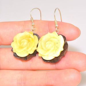 Sterling Silver Carved Baltic Butterscotch Amber and Wood Flower Earrings