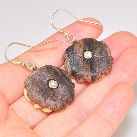 Sterling Silver Carved Baltic Butterscotch Amber and Wood Flower Earrings