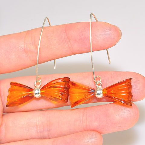 Sterling Silver Baltic Honey Amber Bow Design Earrings