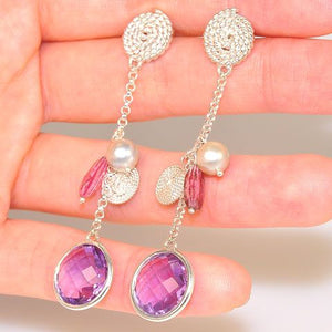 Sterling Silver Amethyst and Pink Tourmaline Chain Dangle Earrings