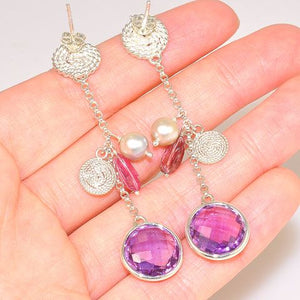 Sterling Silver Amethyst and Pink Tourmaline Chain Dangle Earrings