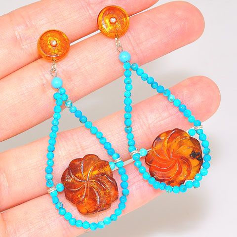 Sterling Silver Baltic Honey Amber Pinwheel and Turquoise Beaded Earrings