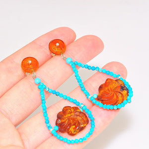 Sterling Silver Baltic Honey Amber Pinwheel and Turquoise Beaded Earrings