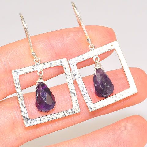 Sterling Silver Faceted Amethyst Square Frame Earrings