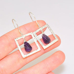 Sterling Silver Faceted Amethyst Square Frame Earrings