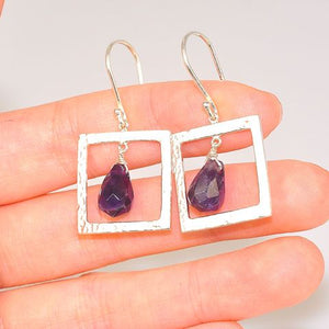 Sterling Silver Faceted Amethyst Square Frame Earrings