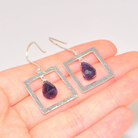 Sterling Silver Faceted Amethyst Square Frame Earrings