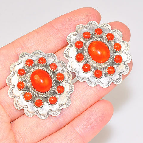 Native American Sterling Silver Red Coral Flora Earrings