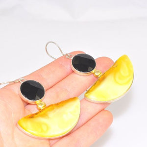 Sterling Silver Baltic Butterscotch Amber and Onyx Earrings