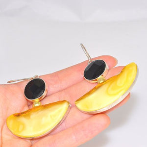 Sterling Silver Baltic Butterscotch Amber and Onyx Earrings
