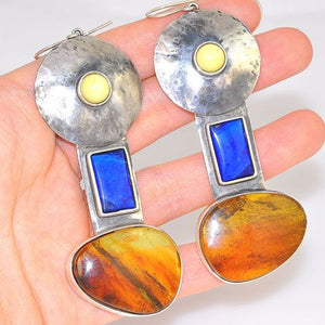Sterling Silver Baltic Honey Amber, Lapis Lazuli and Baltic Butterscotch Amber Earrings