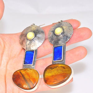 Sterling Silver Baltic Honey Amber, Lapis Lazuli and Baltic Butterscotch Amber Earrings