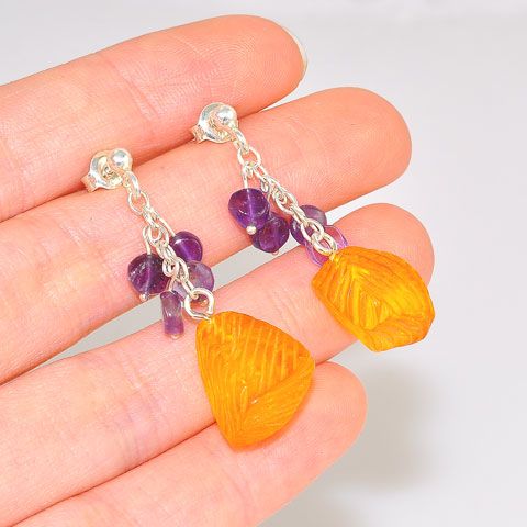 Sterling Silver Baltic Honey Amber and Amethyst Stud Earrings