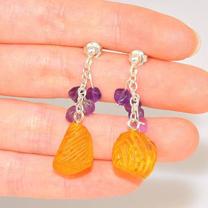 Sterling Silver Baltic Honey Amber and Amethyst Stud Earrings
