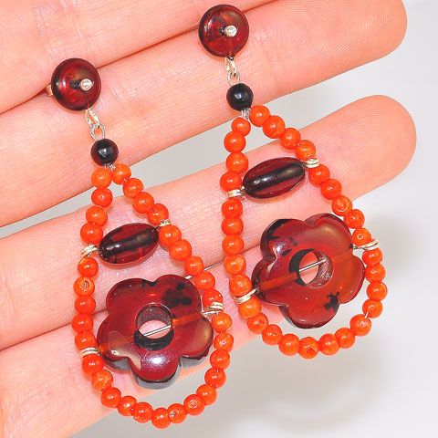 Sterling Silver Baltic Cherry Amber and Coral Bead Flower Stud Earrings